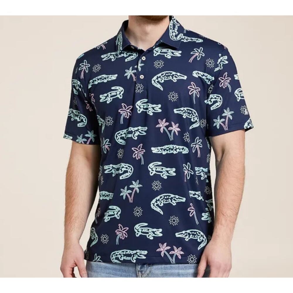 Chubbies Neon Glade Performance Polo Shirt Navy Size XL Tropical Alligator Palm